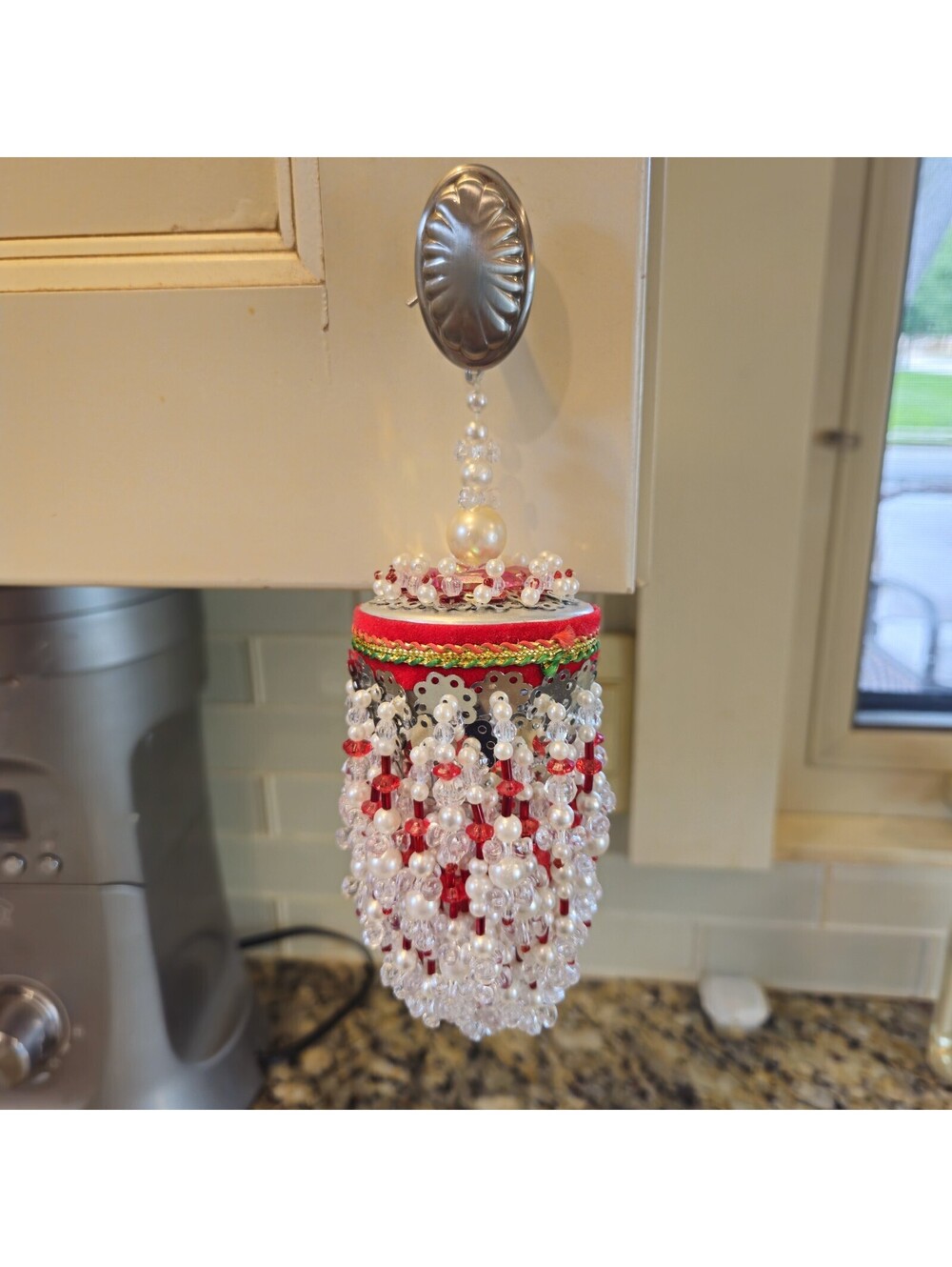 Homemade Beaded Cascading Red & White Christmas Ornament 6"x2.5"